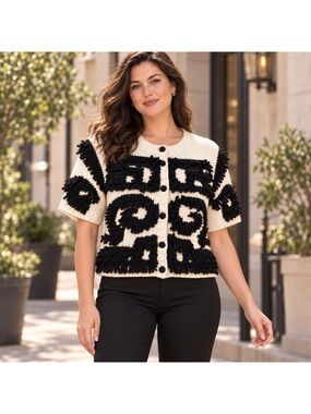 Charlie & Robin Women S Cardigan Cream Black Shaggy Wool Anthropologie